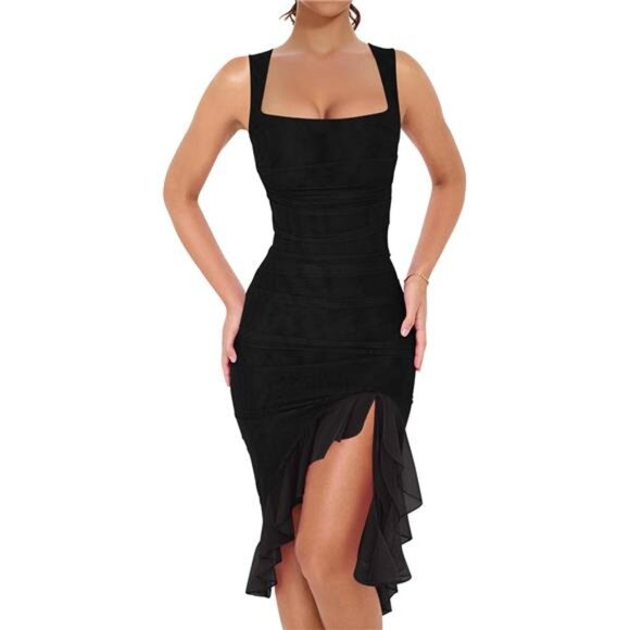Women's Sexy Ruched Bodycon Midi Dresses Square Neck Sleeveless